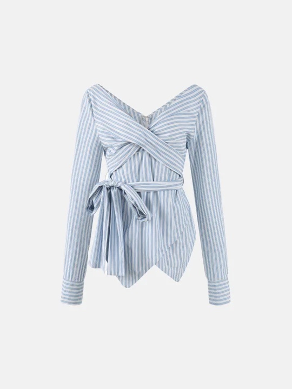 Urbanic Light Blue & White Striped Wrap Asymmetrical Button-Down Blouse
